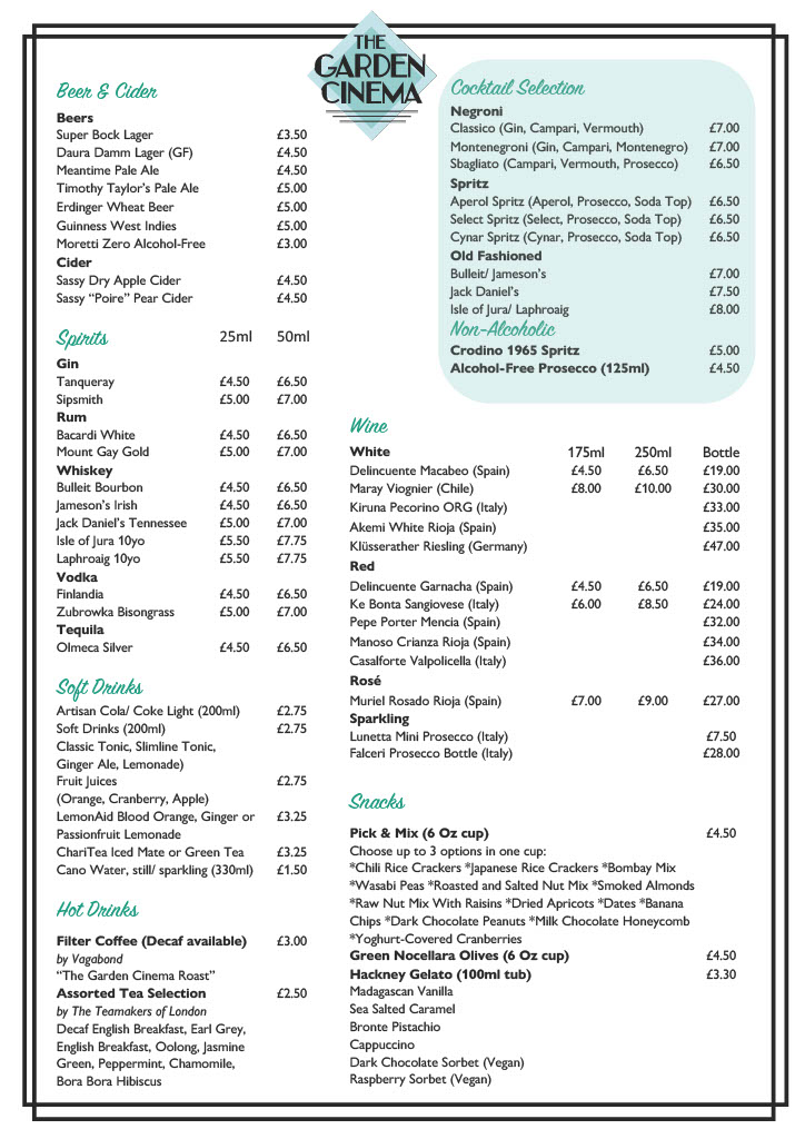 The Garden Bar Menu